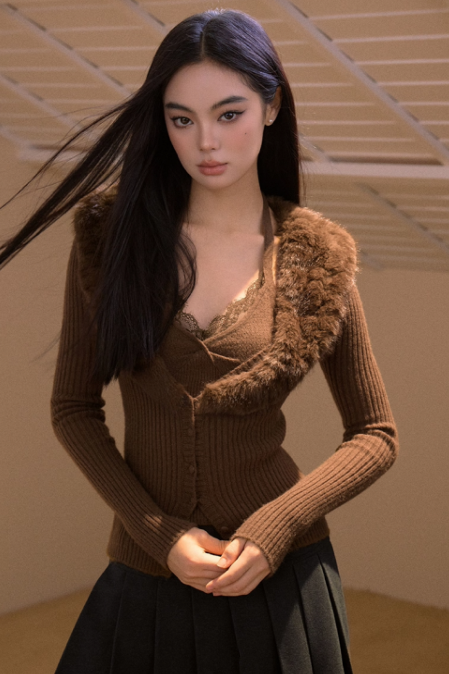 Vintage Fur Collar Knit Cardigan Set