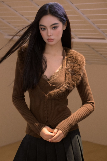 Vintage Fur Collar Knit Cardigan Set