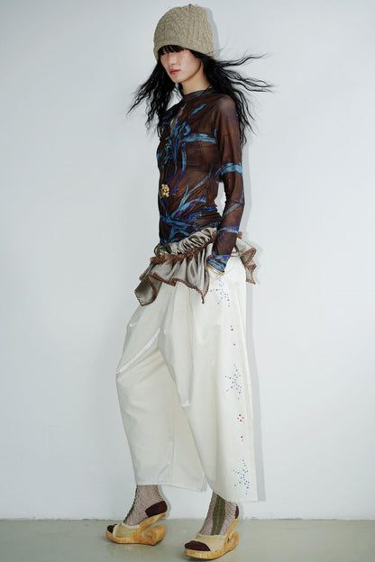 Chinese Mesh Cutout Long-Sleeved Top