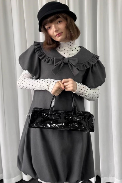 Gray Tweed Bow Lace Puff Sleeve Dress