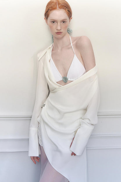 White Pleated Satin Blouse