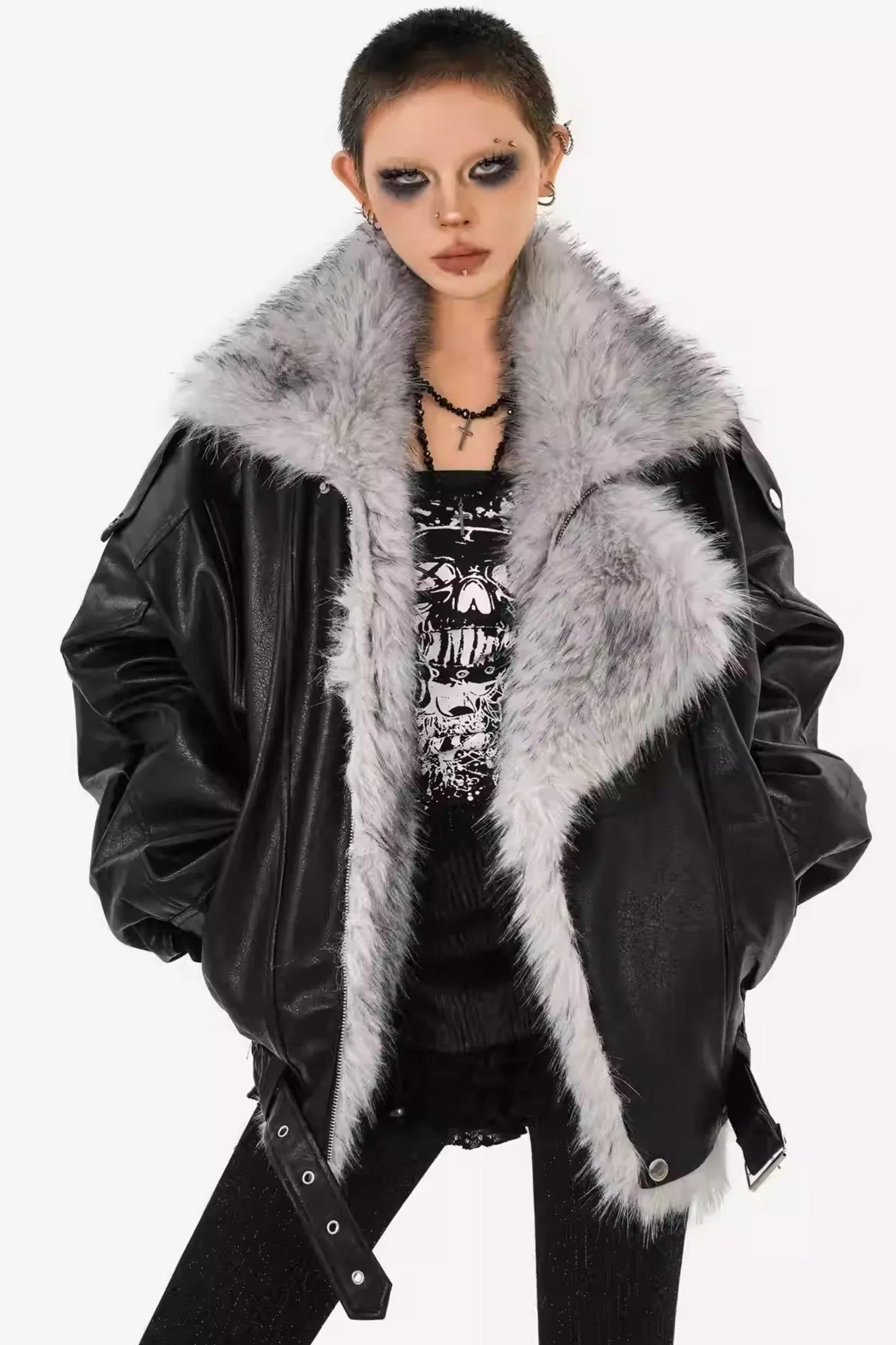 Thickened Pu Leather Fur Collar Jacket