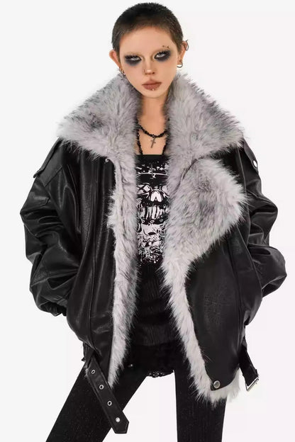 Thickened Pu Leather Fur Collar Jacket