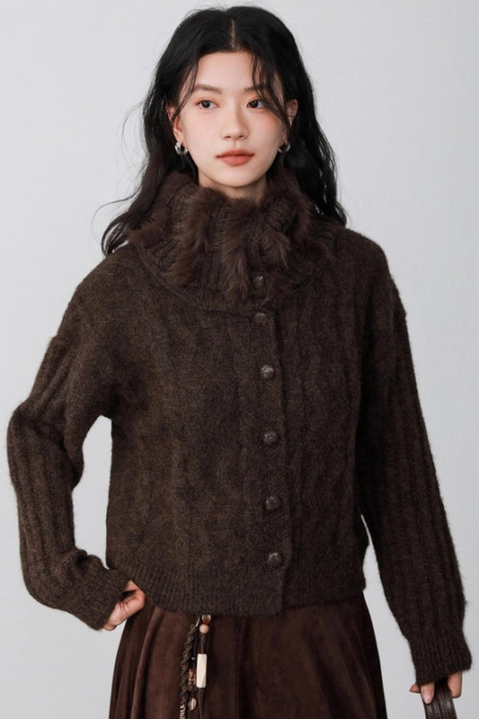 Caramel Brown Fur Collar Cardigan
