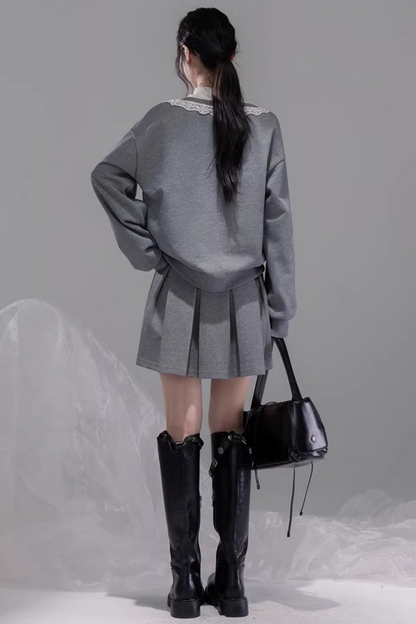 Chenwu Gray Pleated Skirt Sweatshirt Set