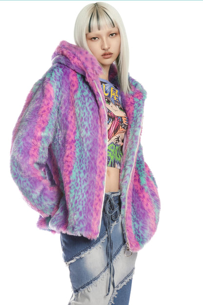 Colorful Leopard Fur Hooded Jacket
