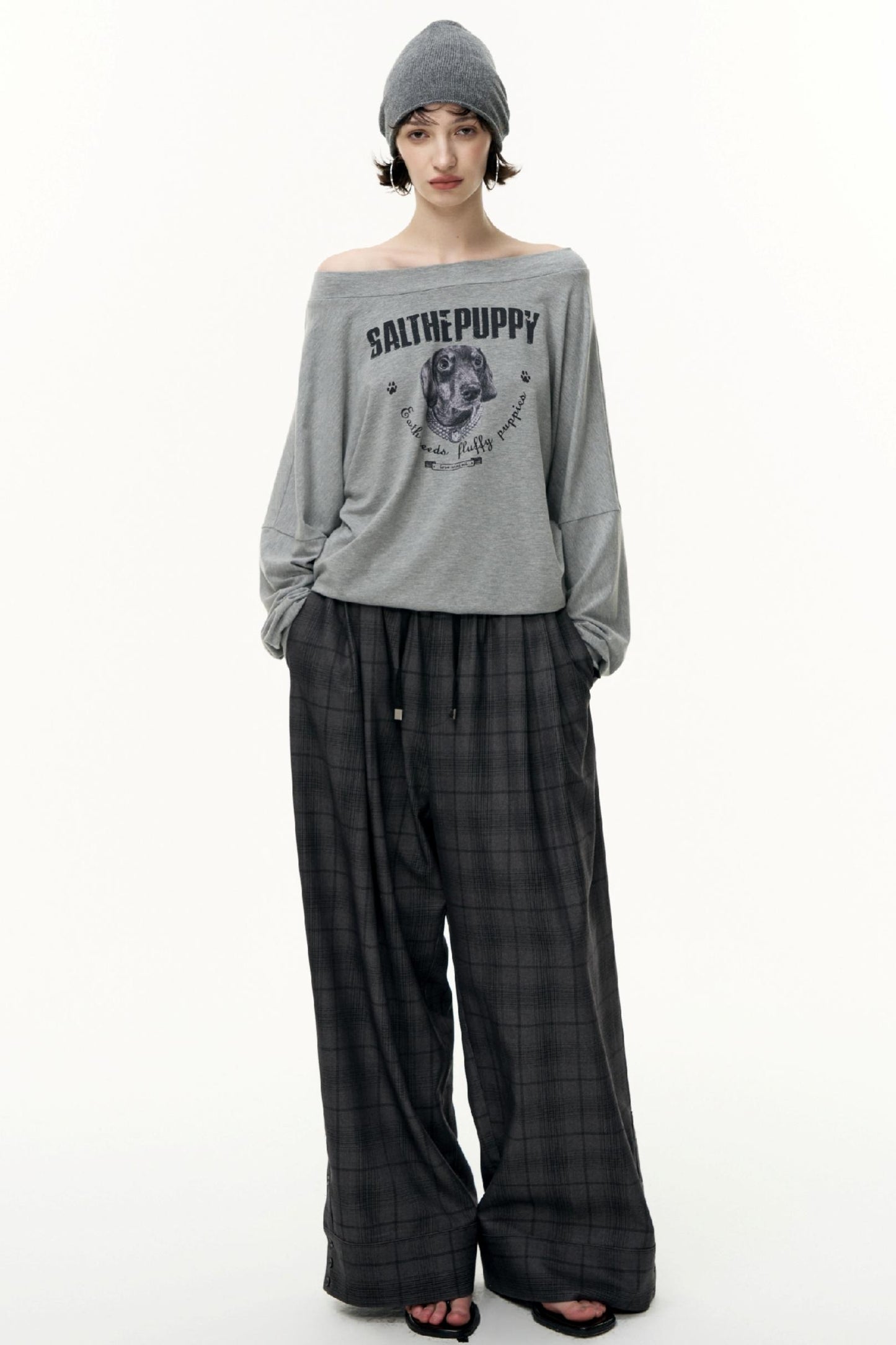 Puppy Print Slanted Shoulder T-Shirt