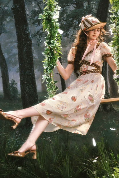 French Retro Lace Print Dress