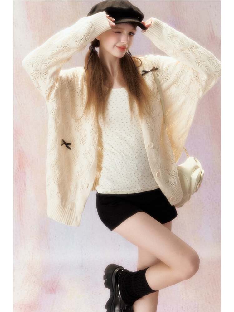 Ribbon Race V-Neck Knit Cardigan