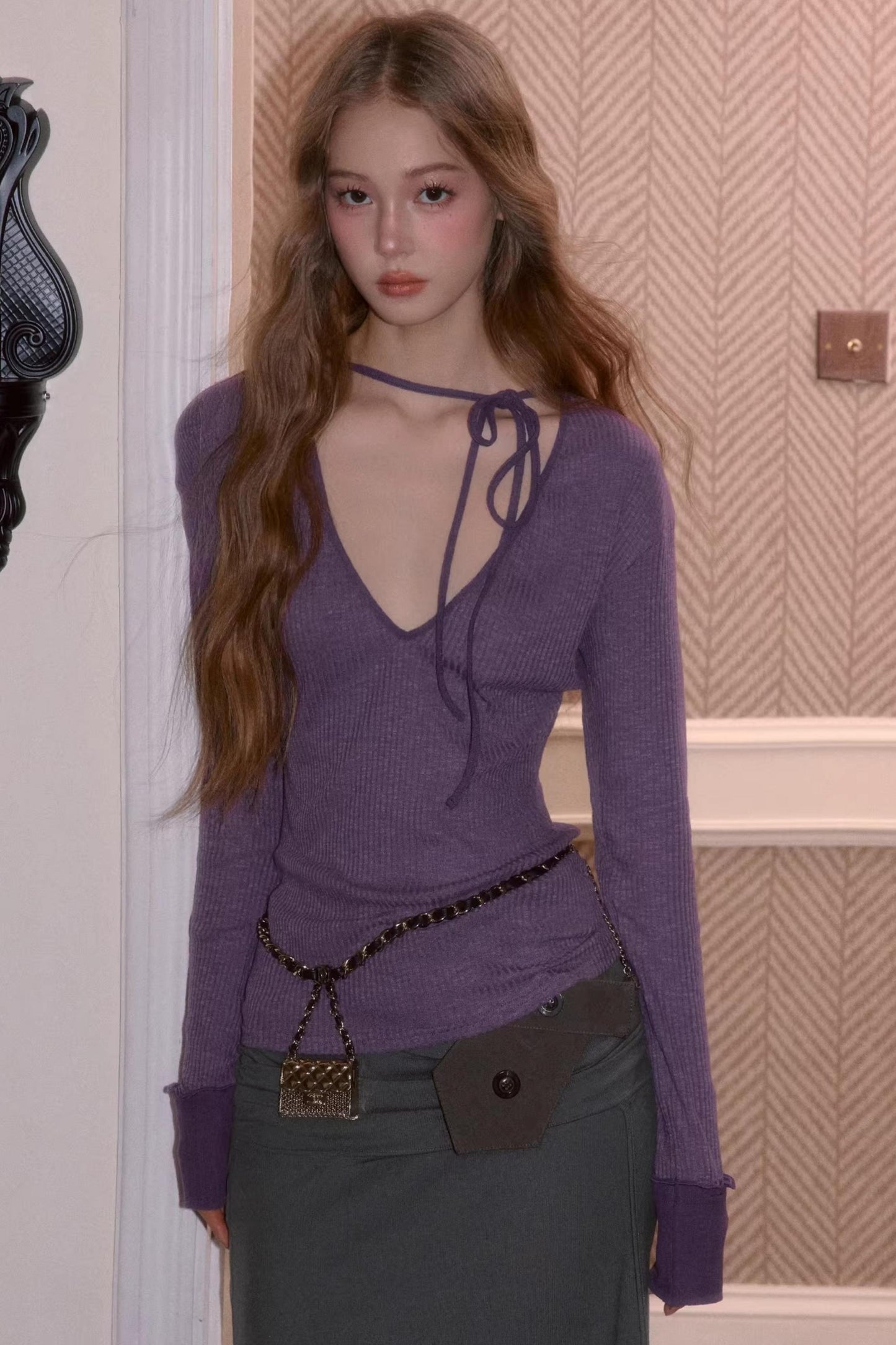 Sweet Tie V-Neck Blouse Top