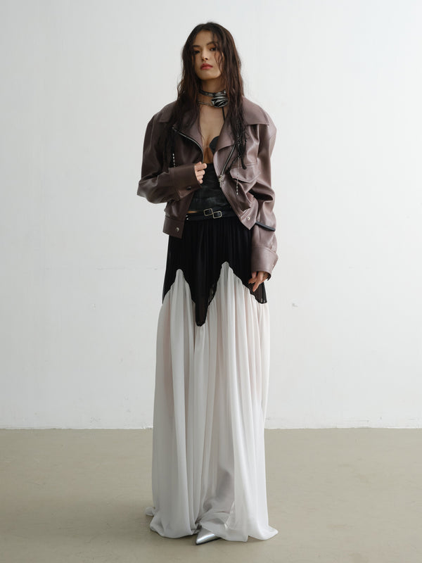 Contrast Stitching Rivet Decorative Belt Extra Long Chiffon Smocked Skirt