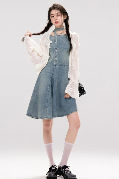 Elegant Ribbon Denim Dress