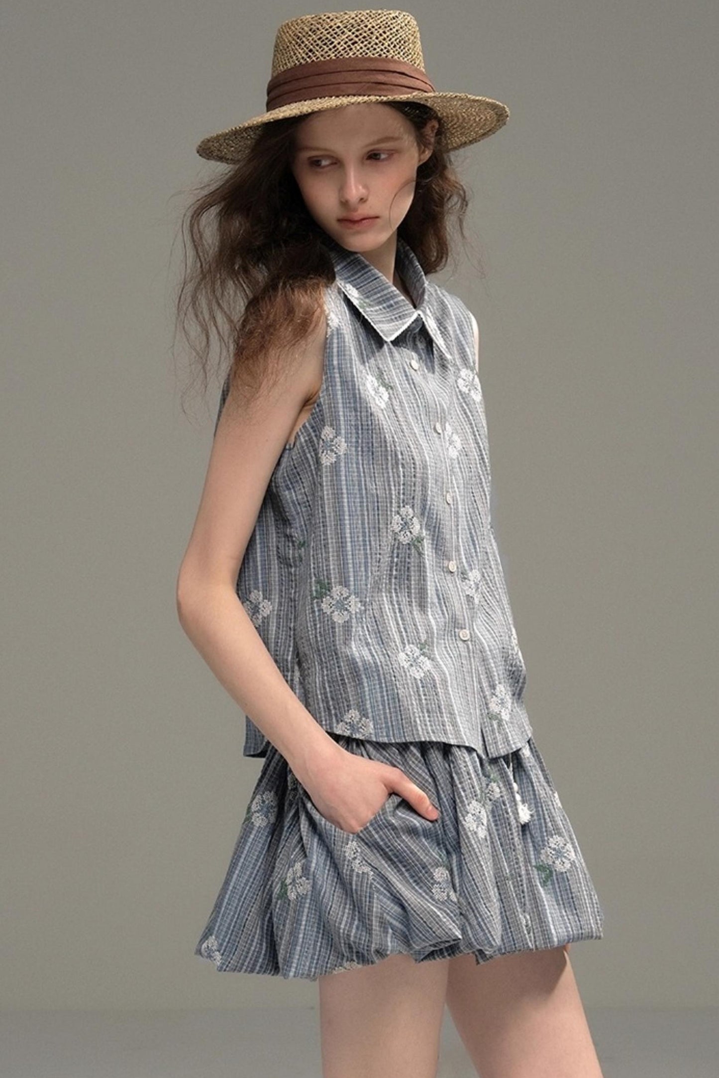 Flower Stitch Vest Skirt Set-Up