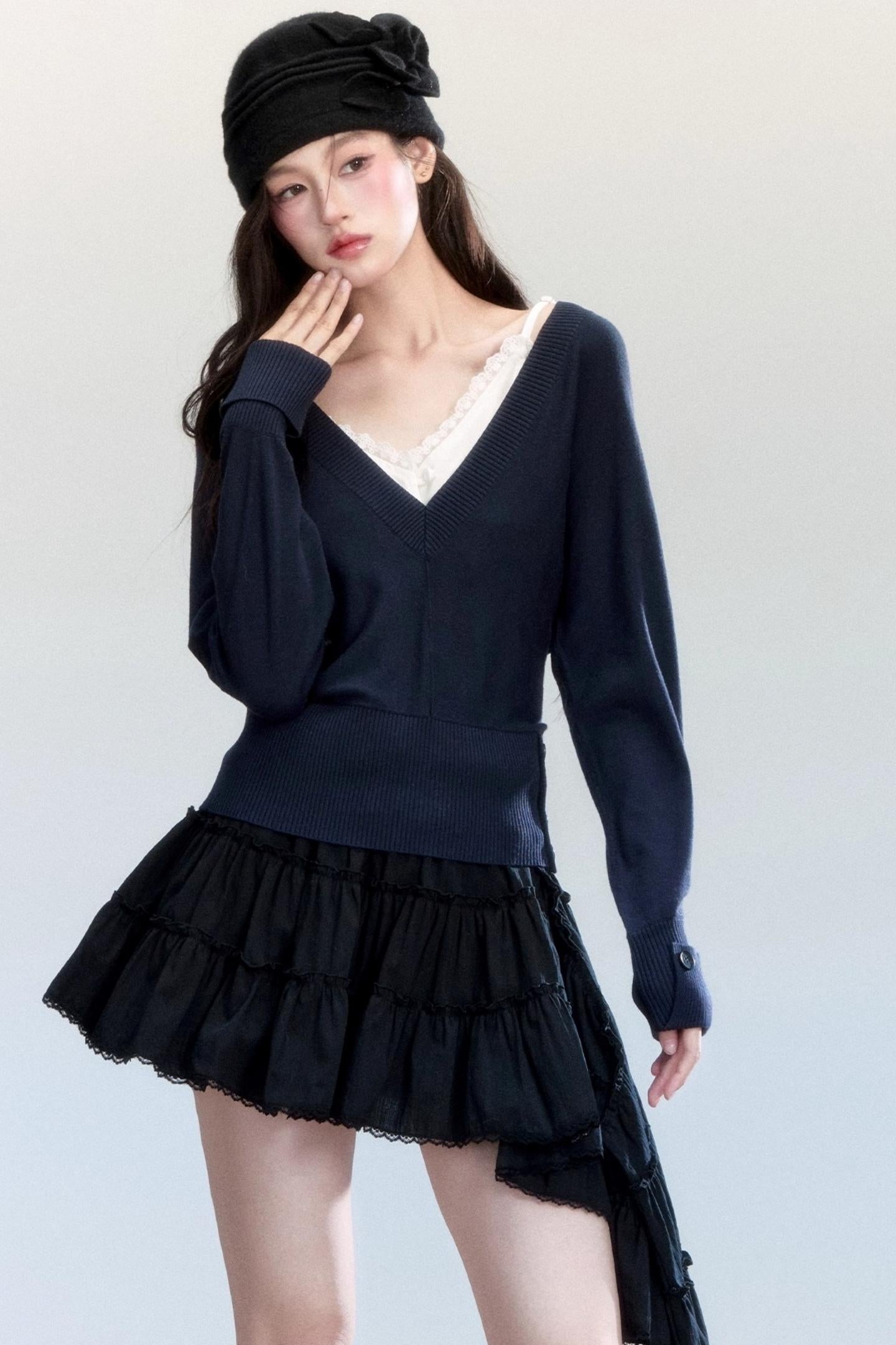 Lazy V-Neck Knit Top Set-Up