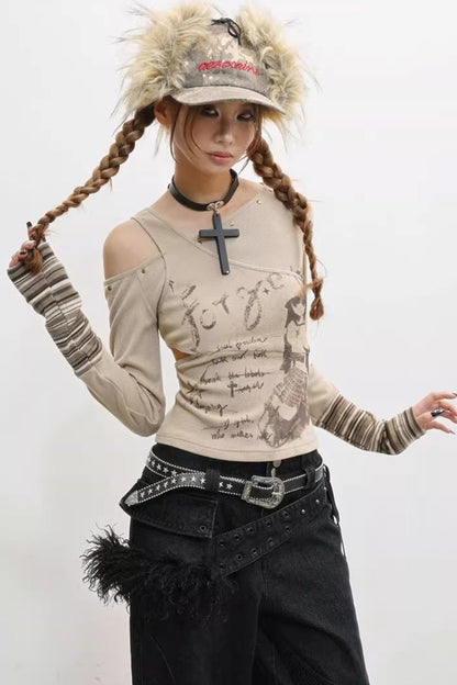 Off-the-Shoulder Patchwork Print Knitted Base Shirt