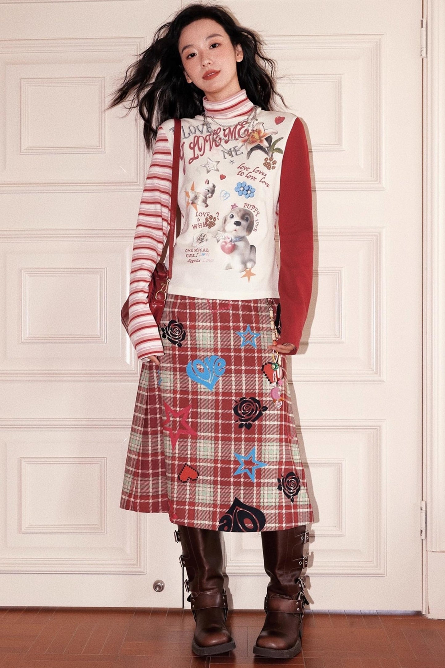 High-Neck Asymmetrical Print T-Shirt