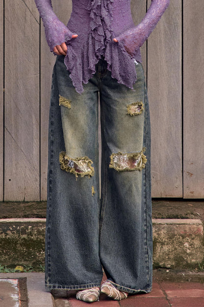 Retro Lace Detail Denim Jeans