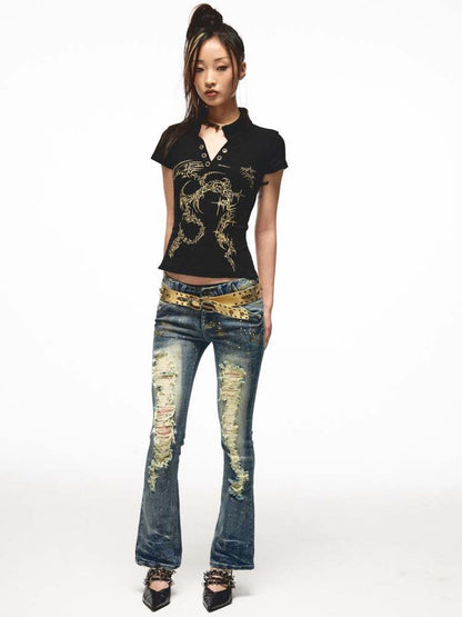 Back Open Gold Print Ribbon T-shirt