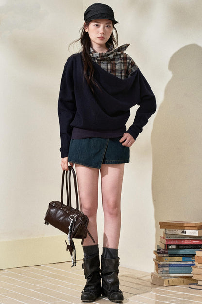 Blue Plaid Wool Fake Two-Piece Top