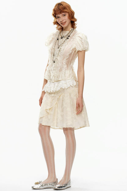 Beige Jacquard Puff Sleeve Blouse