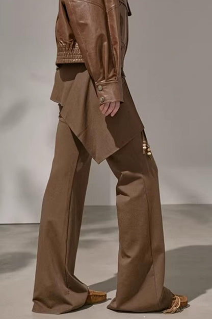 Vintage brown patchwork irregular flared pants side view