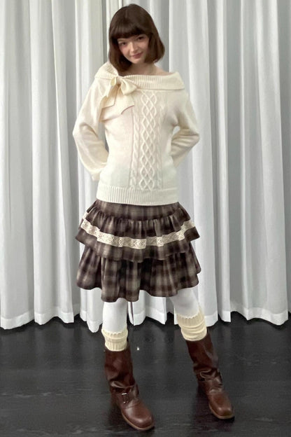 Coffee Plaid Patchwork Puffy Skirt
