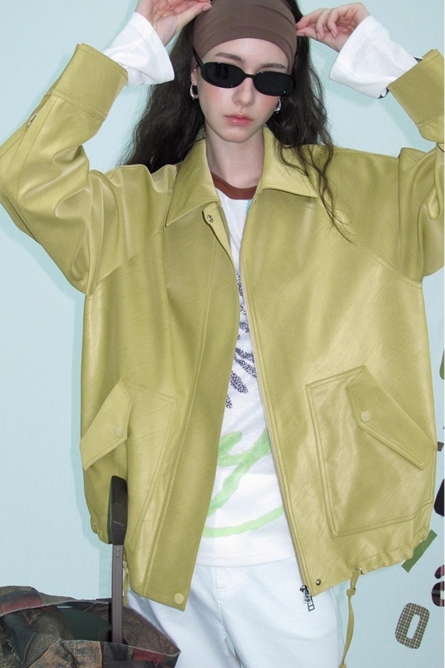 Green Lapel Leather Jacket