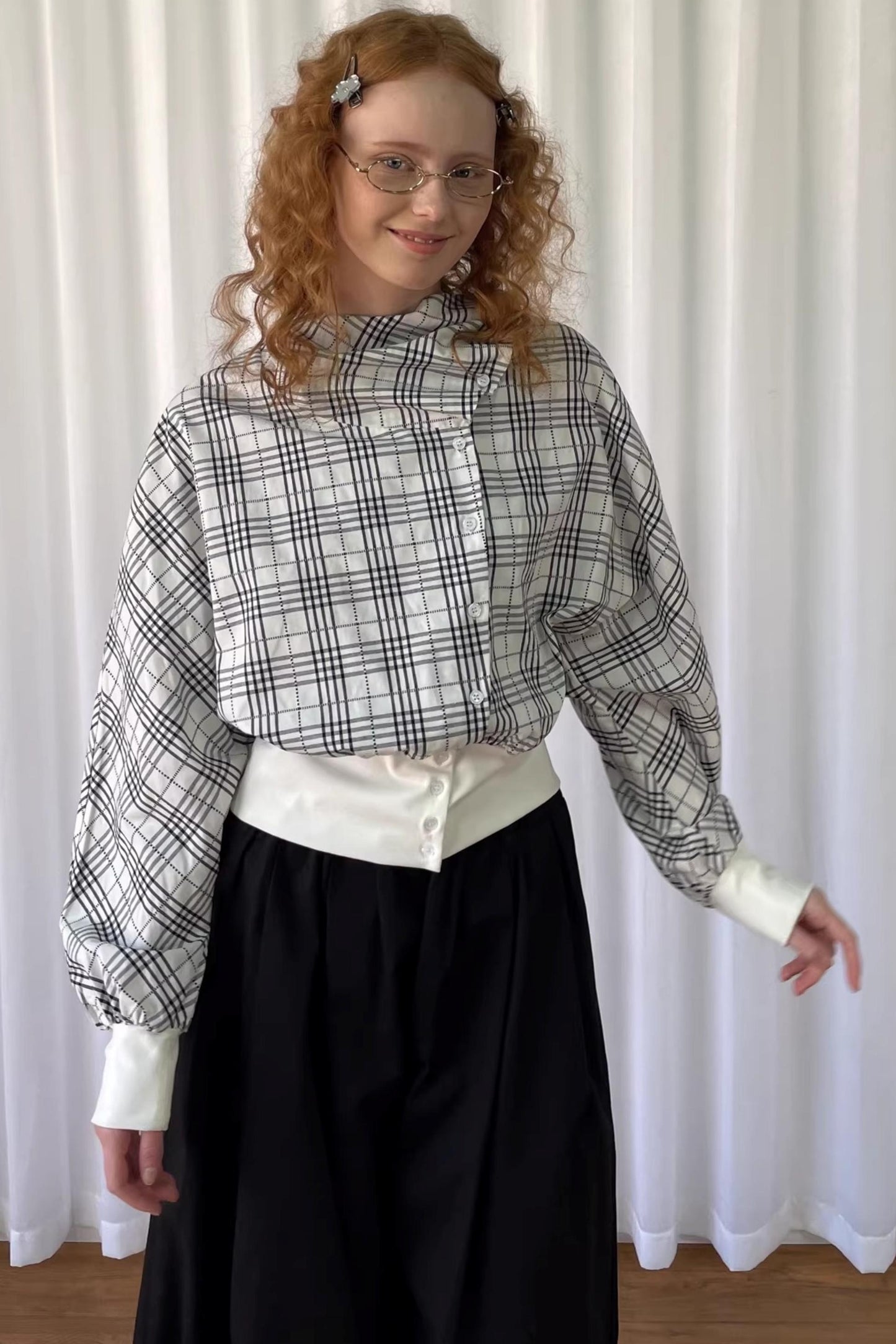 Checkered Pleated Collar Shirt