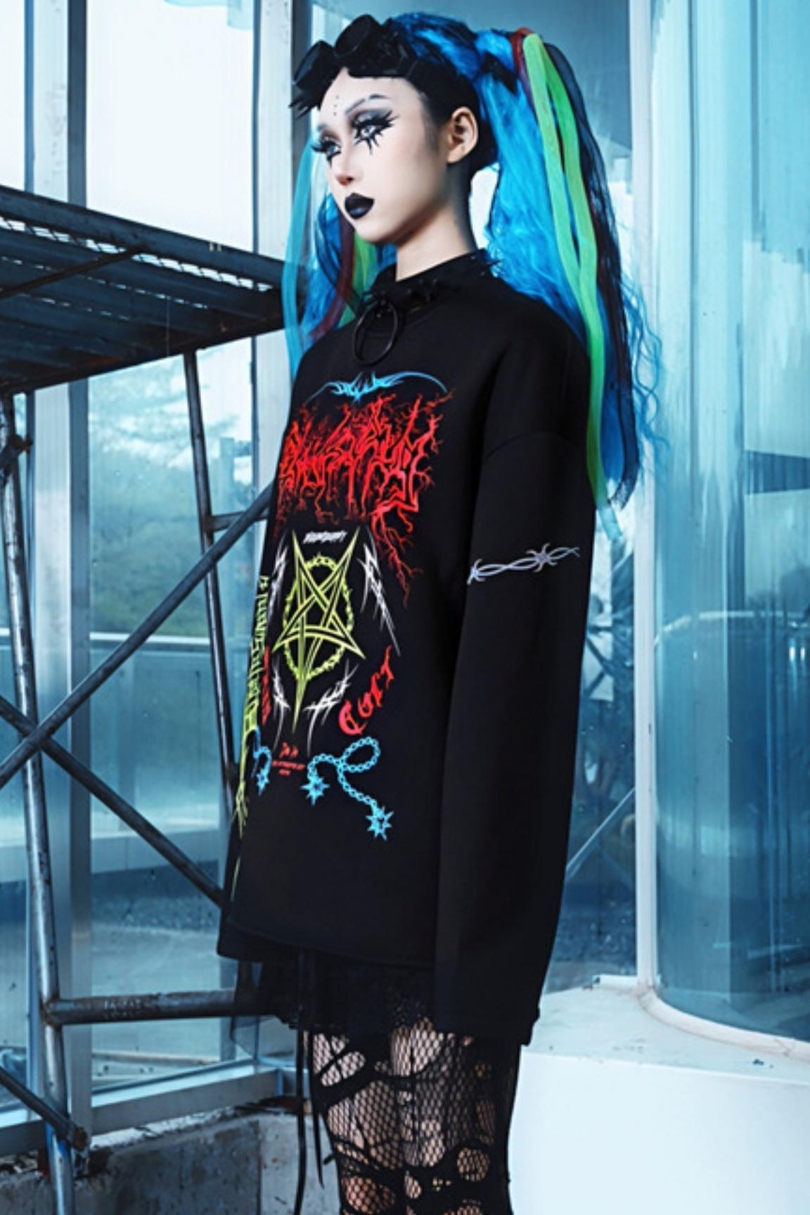 Gothic Cyber Print Crew Neck Top