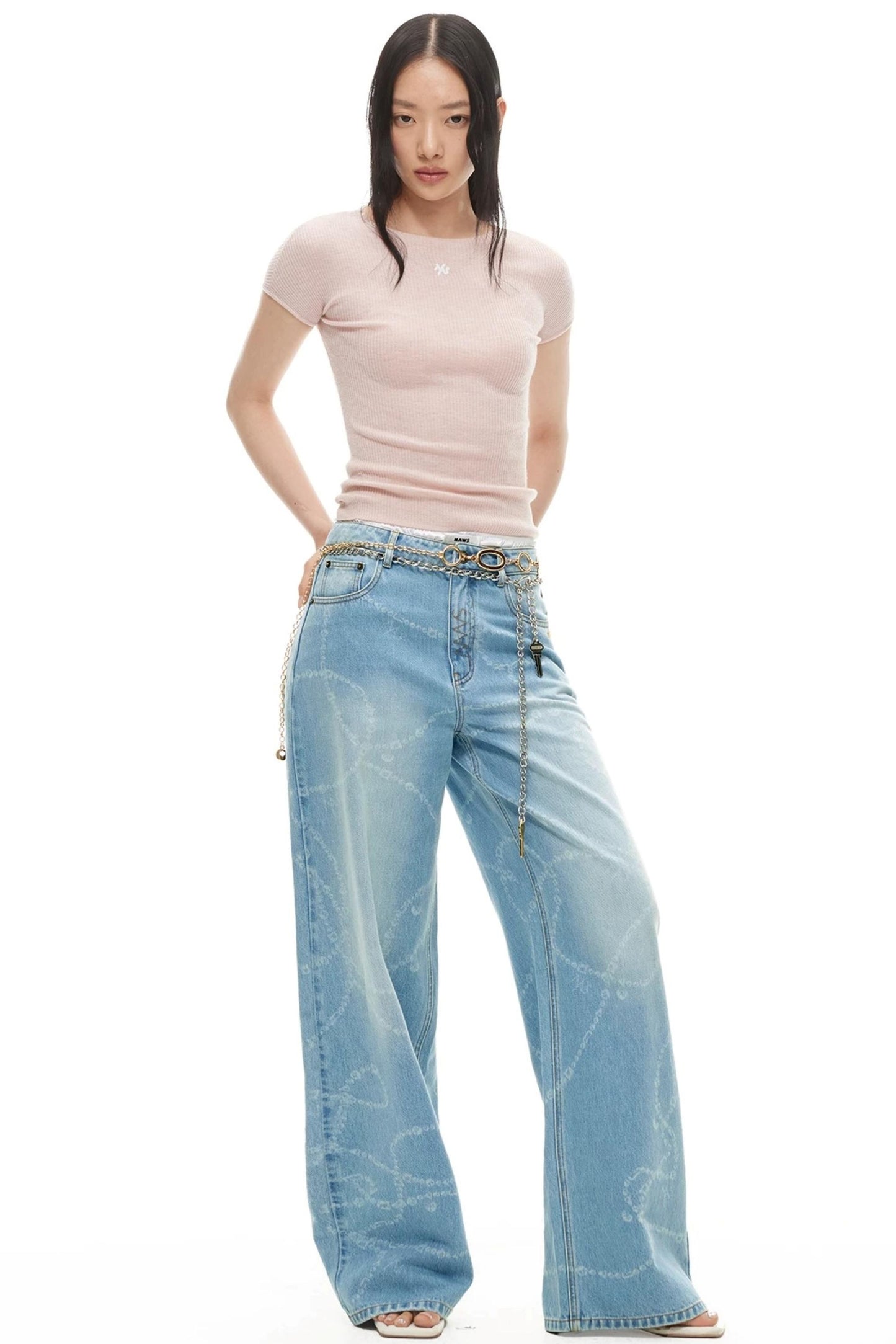 Washed Laser Print Denim Pants