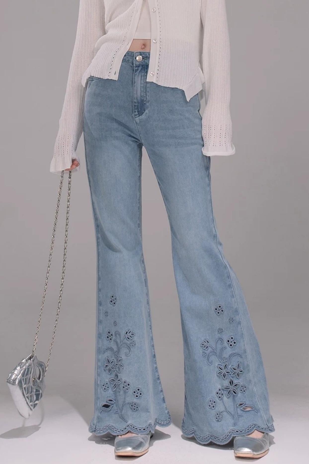 Laser Embroidery Denim Pants