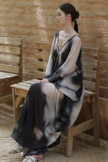Chinese Ink Blended V-Neck Bat Sleeve Long Dress