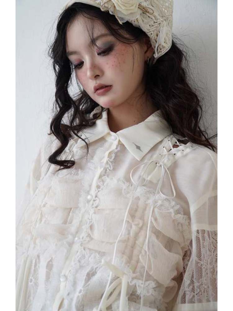 Lace-Up Crosses Embroidery Chiffon Lace Trim Shirt