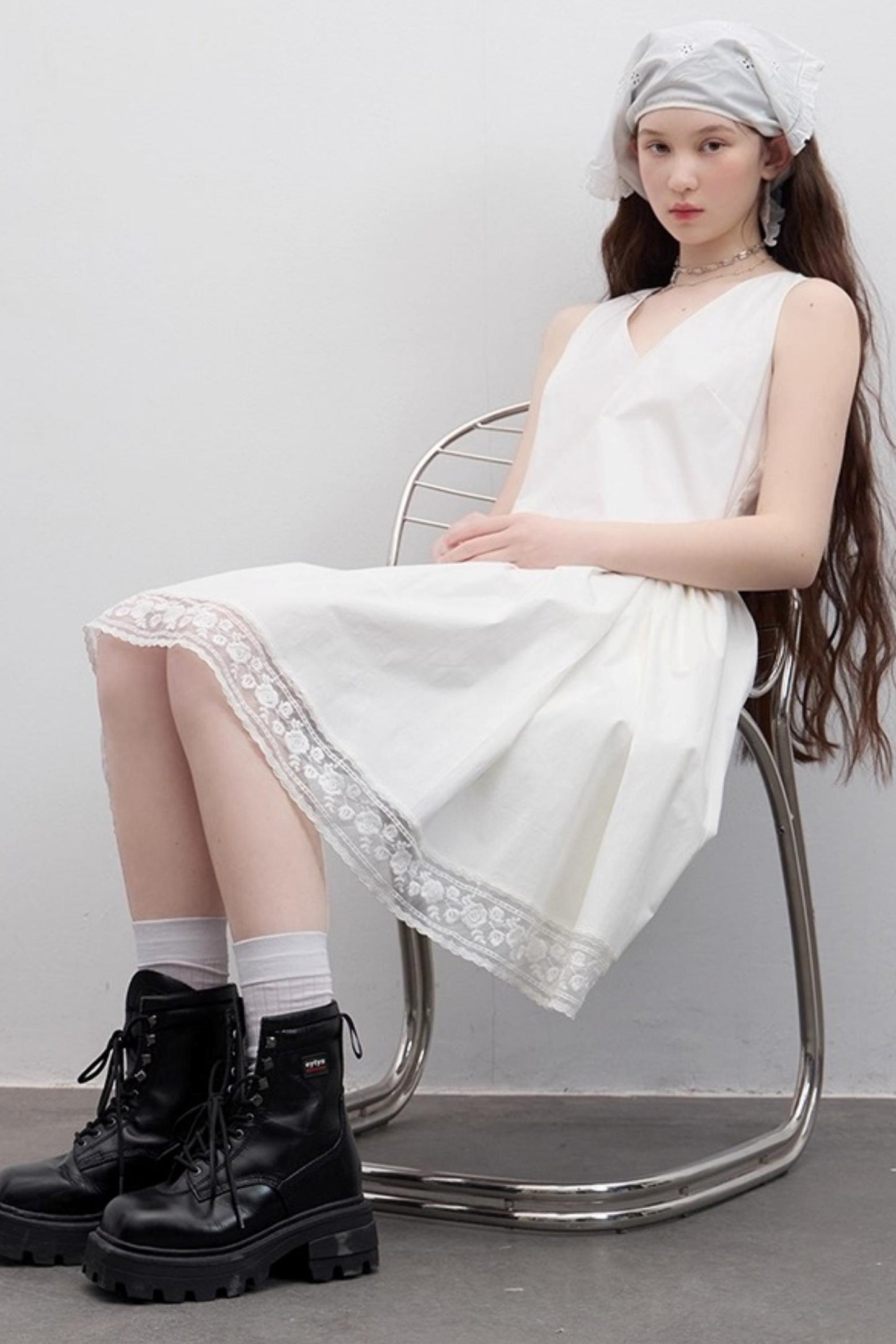 White Pleated V-Neck Dress