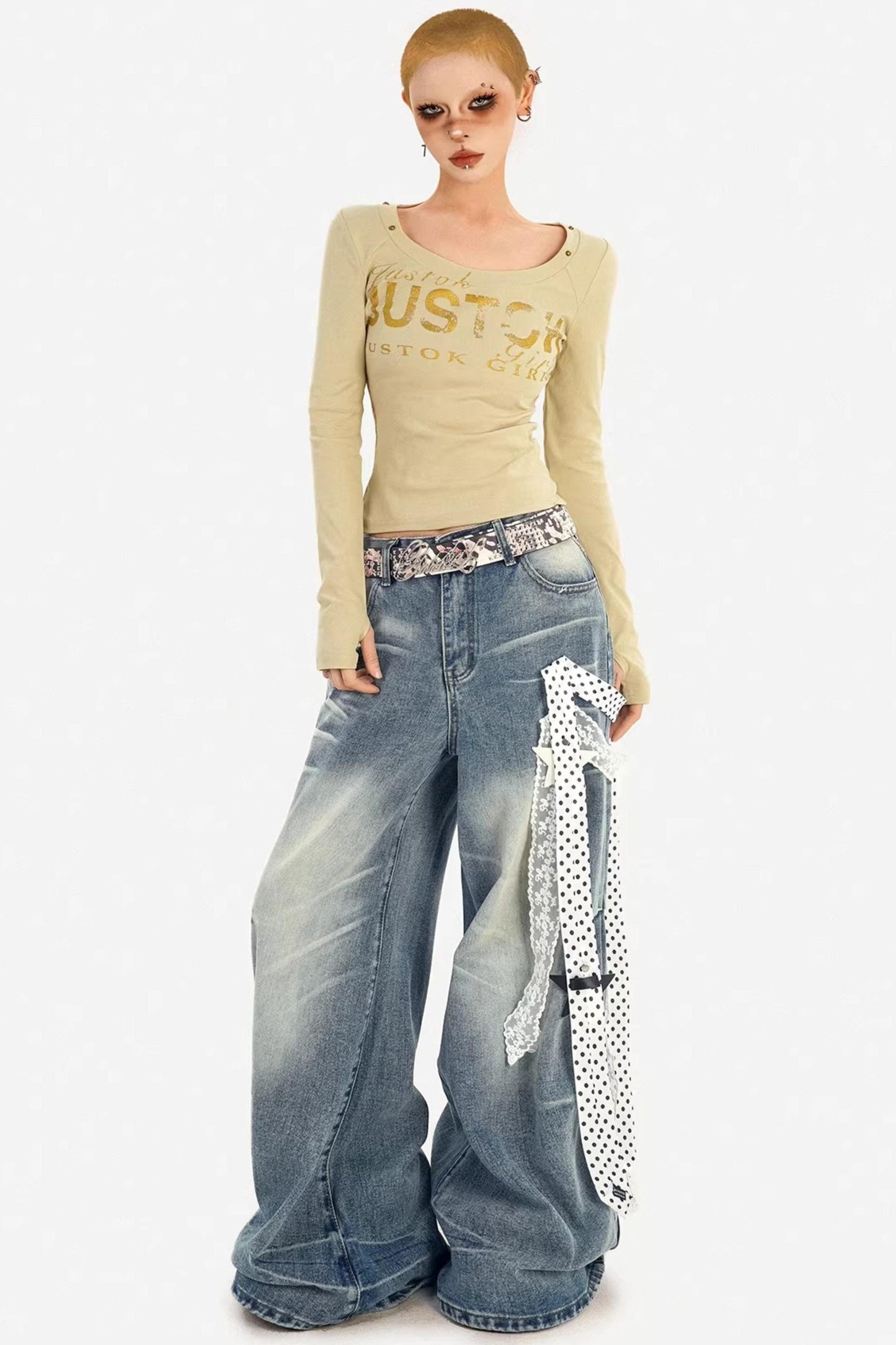Textured Wide-Leg Denim Pants