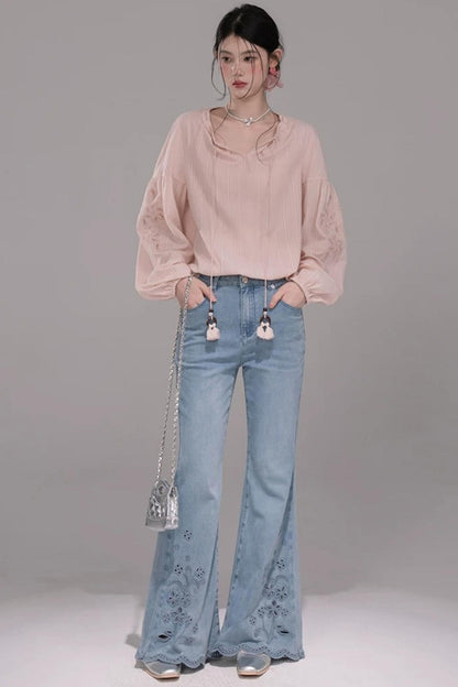 Cloud Peach Embroidered Striped Shirt Set-Up