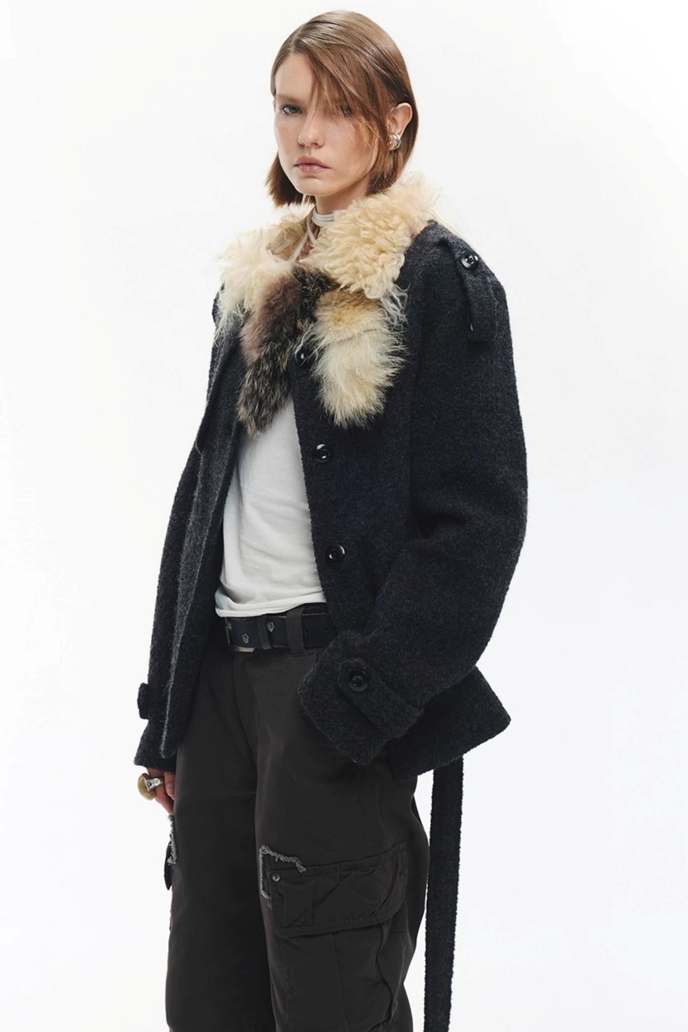 Wool Color-Blocked Fur Scarf