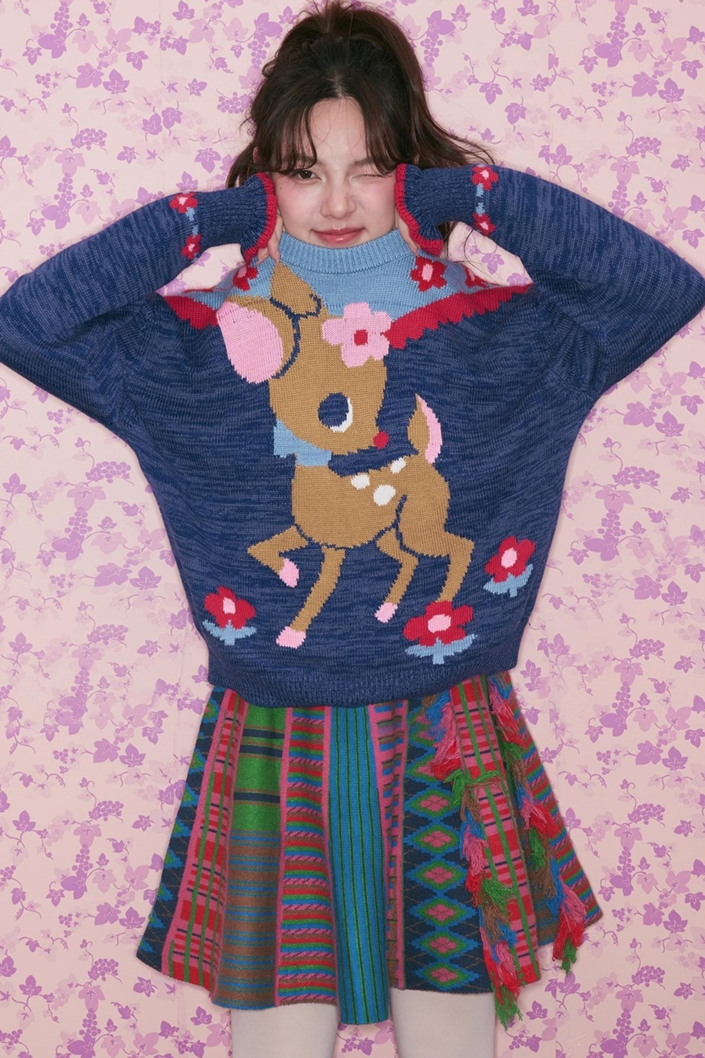 Two-Tone Deer Knit Sweater