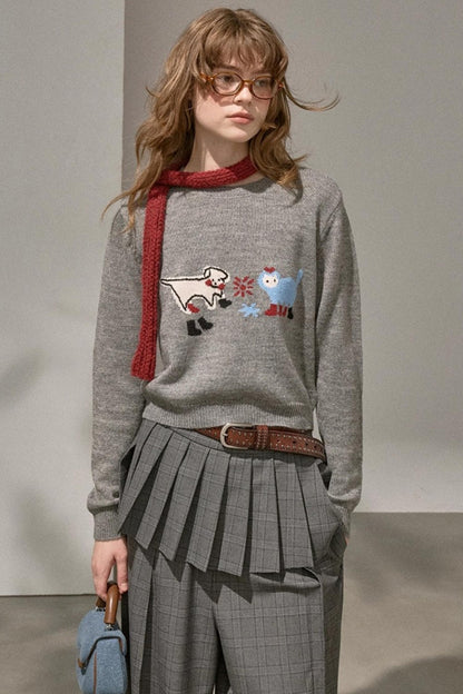 Kitten And Puppy Embroidered Wool Blend Knit Sweater