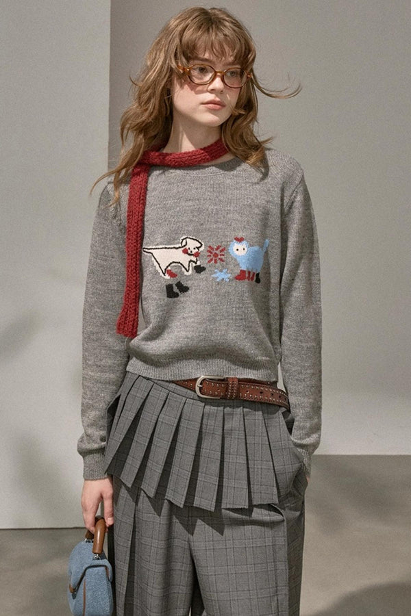 Kitten And Puppy Embroidered Wool Blend Knit Sweater