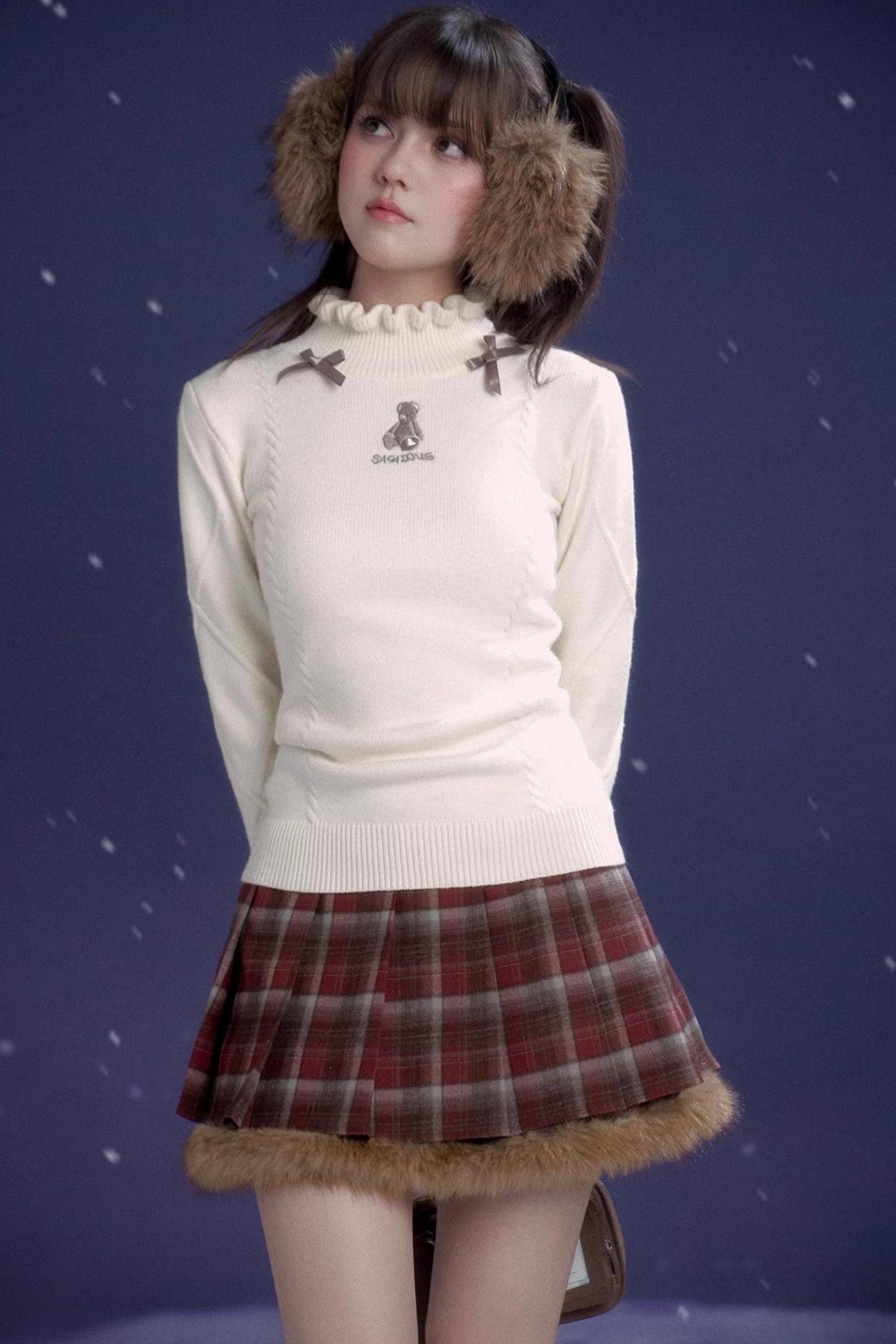 Sweet Red-Brown Plaid Skirt Set-Up