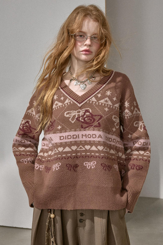 Fair Isle Bow Knit Top