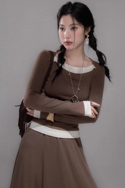 Collar Contrasting Knitted Top & Skirt Set