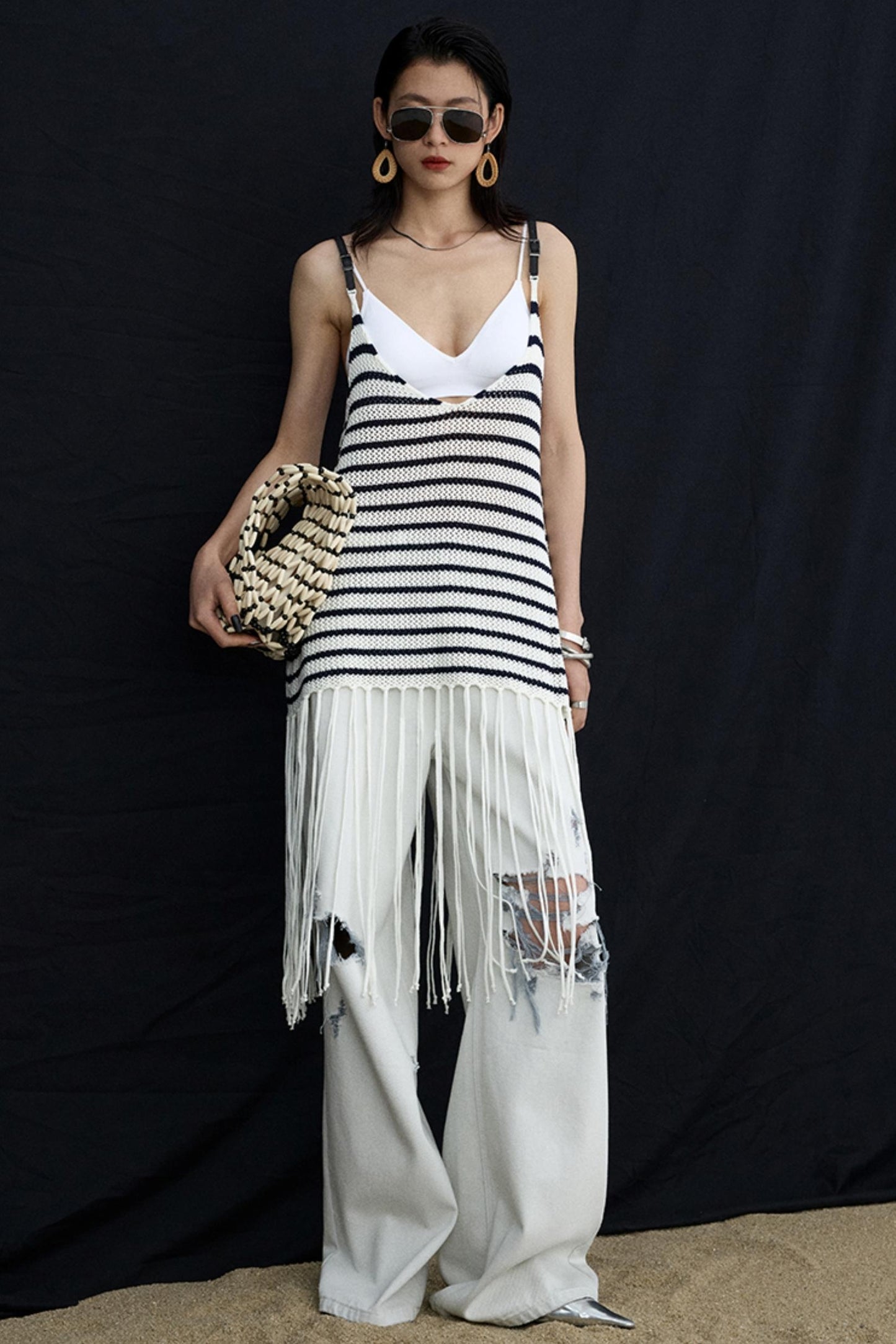 Summer Jacquard V-Neck Leather Hem Vest