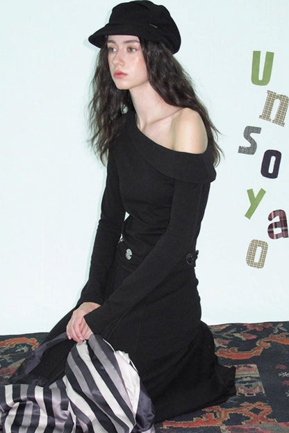 Slanted Shoulder Knit Top Skirt Set-Up