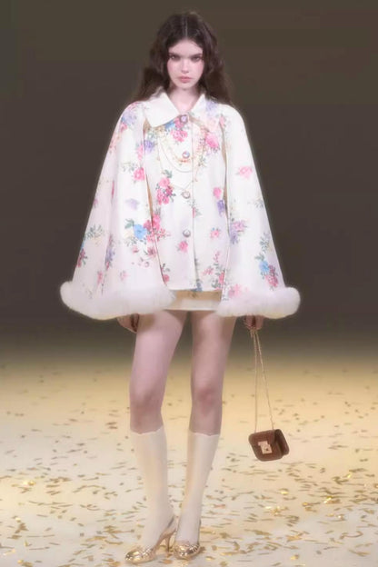 Vintage Flower Print Woolen Coat Set-Up