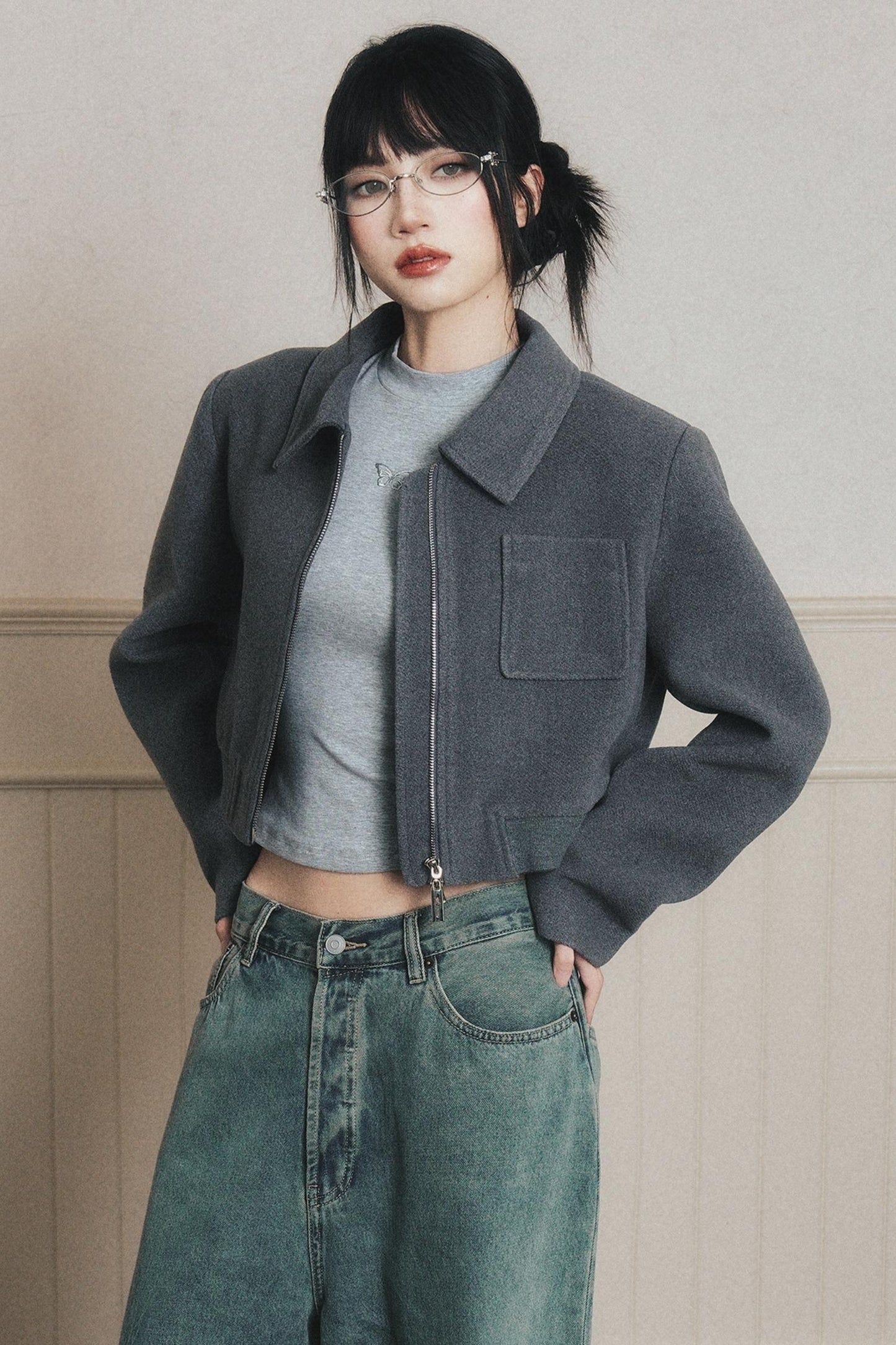 Neat Gray Lapel Short Coat