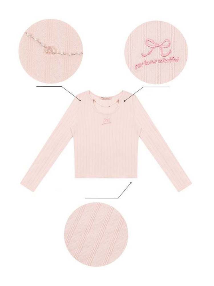 Neck Chain Ribbon Embroidery Rib Knit