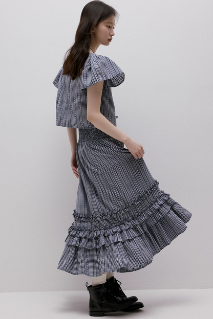 Maglia vichy blu con lacci