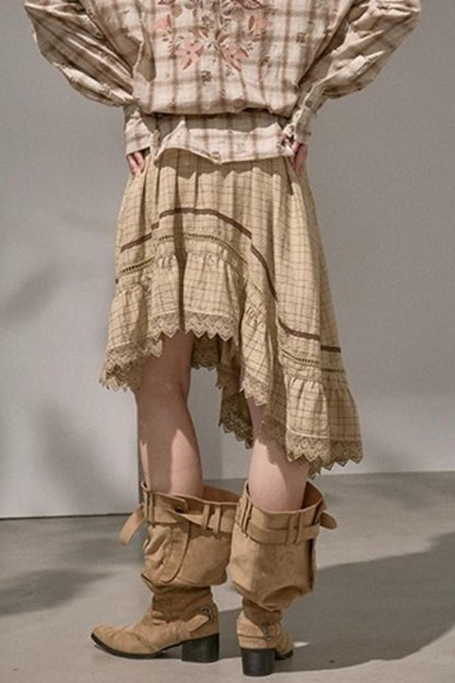 Wave Stitching Plaid Midi Skirt